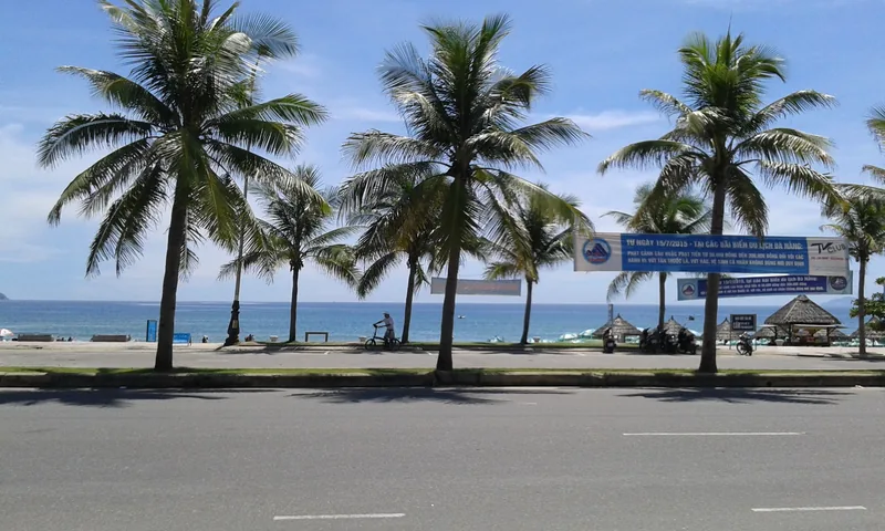 Palm trees line a coastal road beside the sandy beach and blue sea in Da Nang.