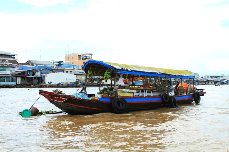 A wooden trading boat loaded with fruit floats on the muddy Mekong River near Tien Giang.