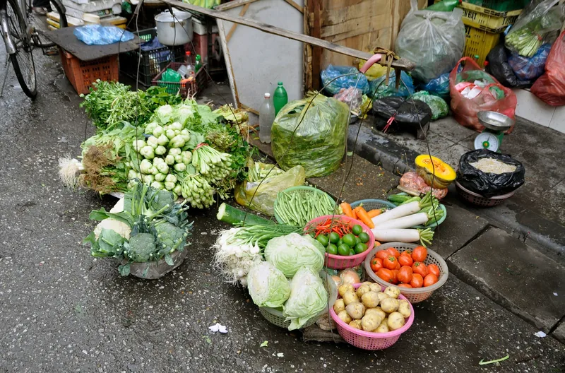 Fresh vegetables like cabbage, tomatoes, and radish laid out for sale on a wet street in Hanoi.
