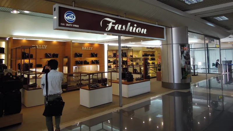 A duty-free fashion shop displaying leather bags inside Noi Bai International Airport in Hanoi.
