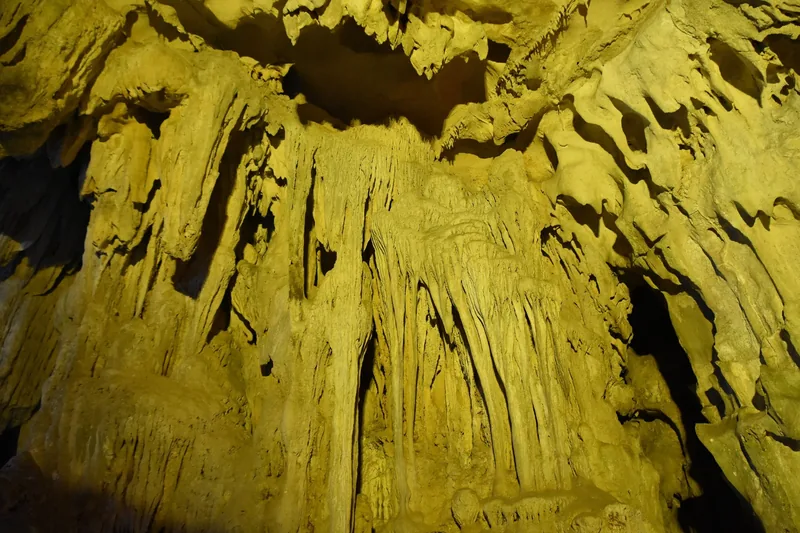 Golden-lit stalactites and stalagmites fill the limestone chamber of Sung Sot Cave in Ha Long Bay.