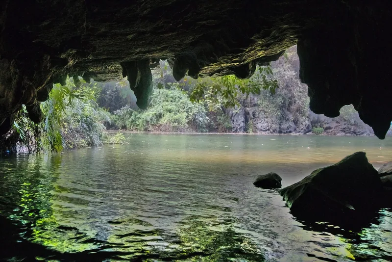 A limestone cave mouth opens onto calm river water surrounded by lush greenery in Trang An, Ninh Binh.