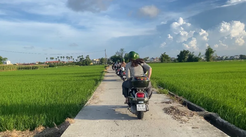 Riders on Vespa scooters travel along a narrow concrete path through green rice paddies near Hoi An.