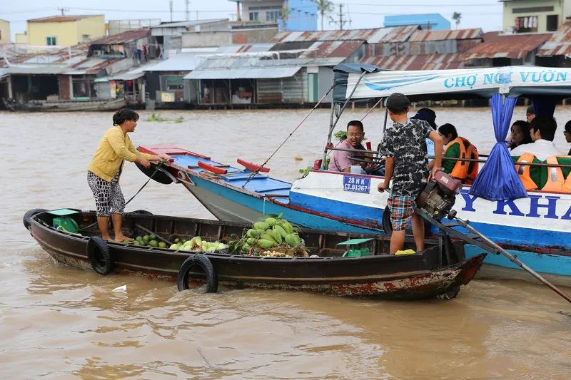 A fruit vendor's small boat meets a tourist boat on the Mekong river at Cai Rang floating market near Can Tho.