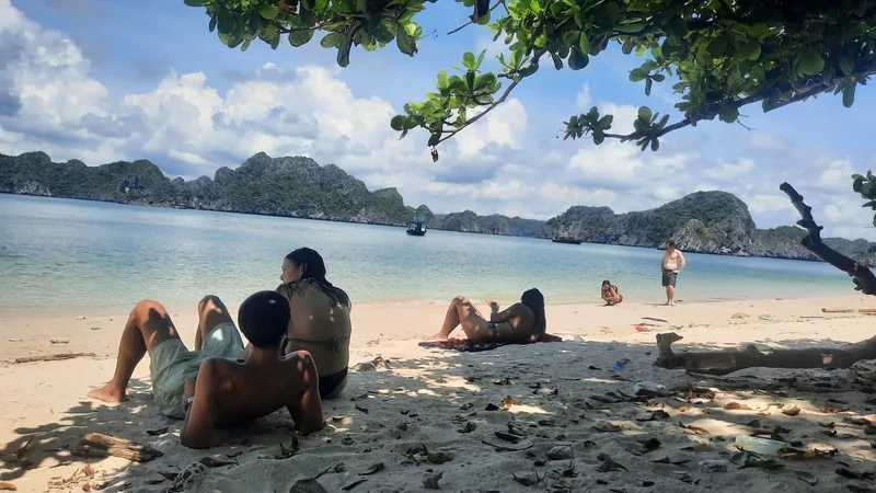 Visitors relax on a sandy beach shaded by trees, with limestone karsts rising from the water in Lan Ha Bay.