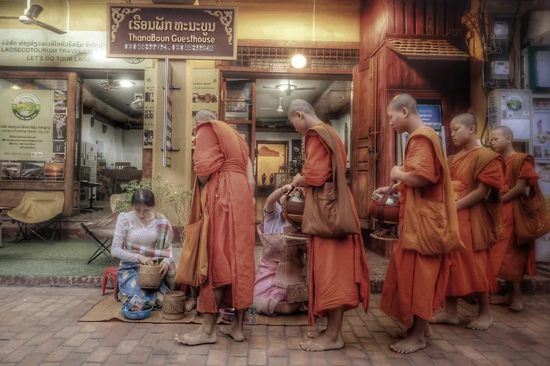 Barefoot monks in orange robes walk in procession receiving alms from kneeling locals on a Luang Prabang street.