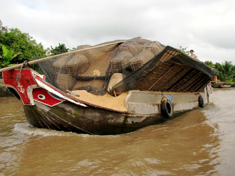 A wooden cargo barge piled with rice grain and woven baskets sails along the muddy Mekong River.