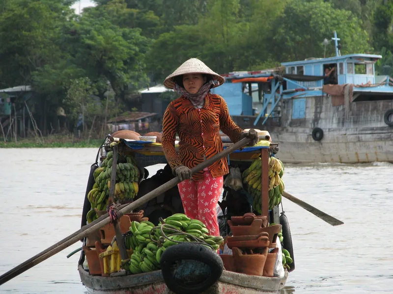 A woman in a conical hat rows a boat loaded with green bananas on the Mekong Delta river.