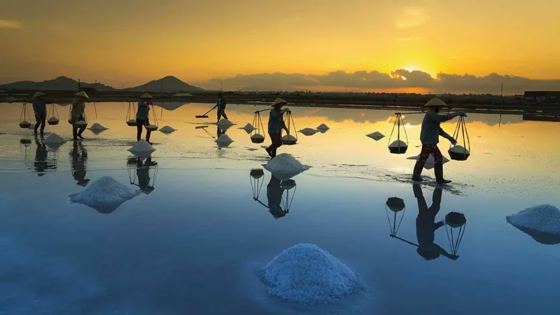 Workers in conical hats carry salt baskets across the flooded Hon Khoi salt fields at sunrise near Nha Trang.