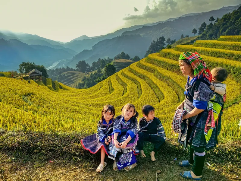 A Hmong family in traditional dress rests beside golden rice terraces in Mu Cang Chai, Vietnam.