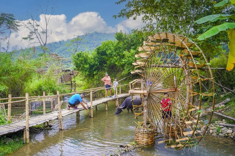 Visitors cross a bamboo bridge past traditional water wheels and a water buffalo in Pu Luong, Thanh Hoa.