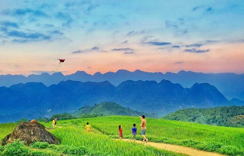 Family flies a kite along a green rice field path with layered mountains at sunset in Pu Luong, Thanh Hoa.