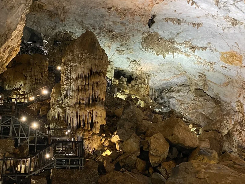 Illuminated stalactites and a wooden walkway wind through the vast chamber of Paradise Cave in Vietnam.